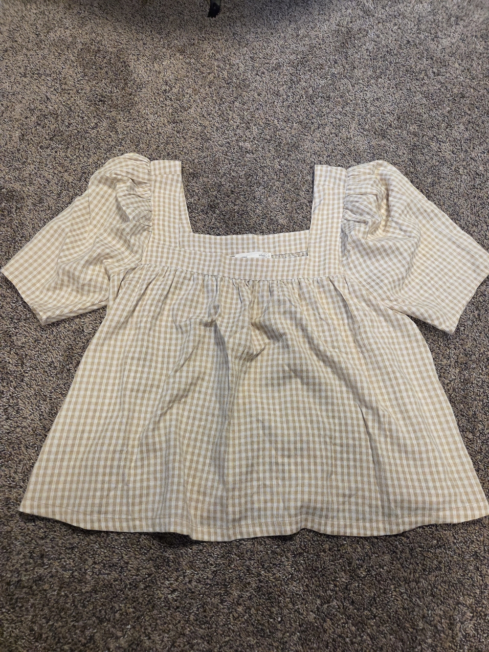Women's SMALL Treasure & Bond Cream and White Gingham Square-Neck Top EUC